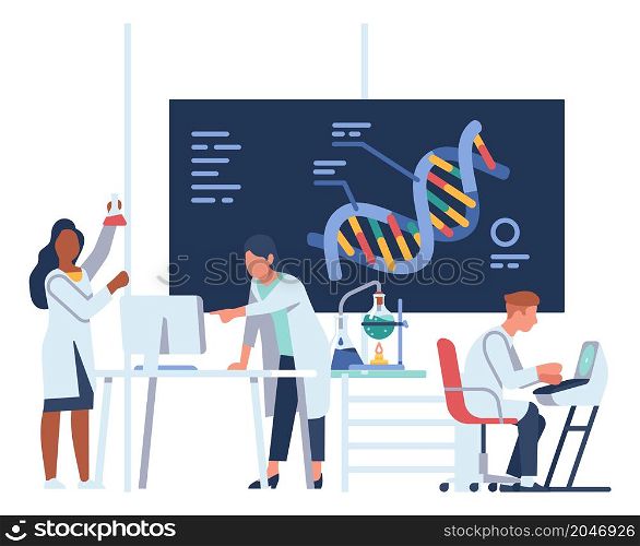 Scientists studying dna. People researching in laboratory. Biological experiment. Vector illustration. Scientists studying dna. People researching in laboratory. Biological experiment