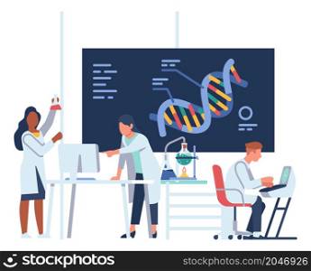 Scientists studying dna. People researching in laboratory. Biological experiment. Vector illustration. Scientists studying dna. People researching in laboratory. Biological experiment