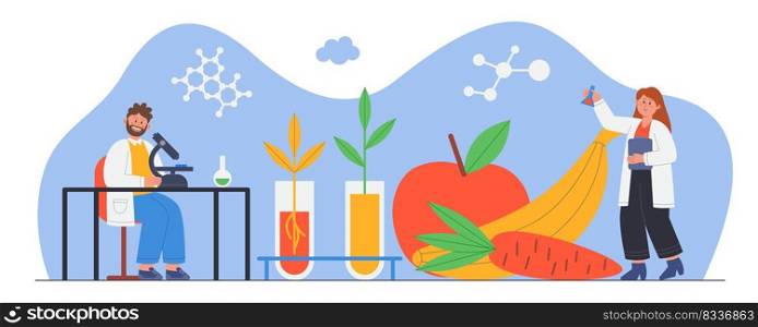 Scientists studying genetically modified food in laboratory. Man and woman conducting scientific research using equipment flat vector illustration. Biology, technology, agriculture concept for banner