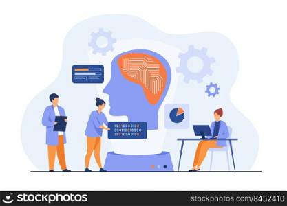 Scientists studying neural connections. Programmers writing codes for machine brain. Vector illustration for artificial intelligence, machine learning, data science concepts