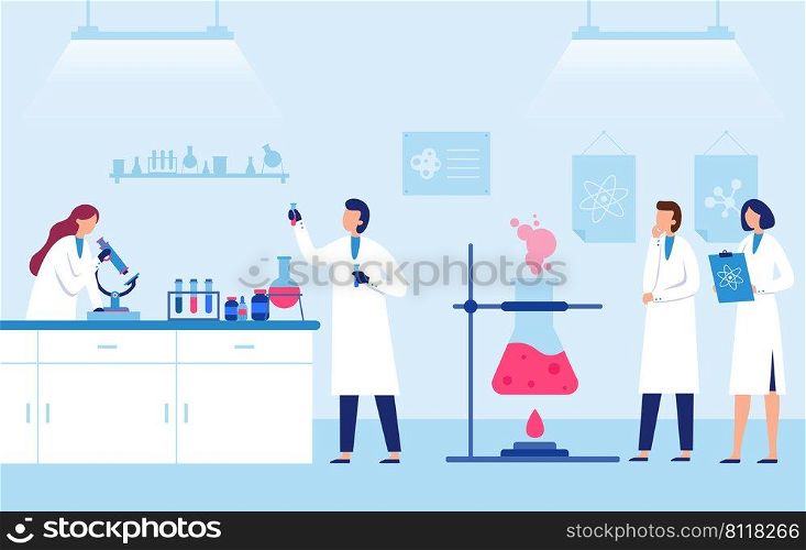 Scientists team work in laboratory with equipments. Vector research in laboratory, science chemistry equipment, team chemical make test illustration. Scientists team work in laboratory with equipments