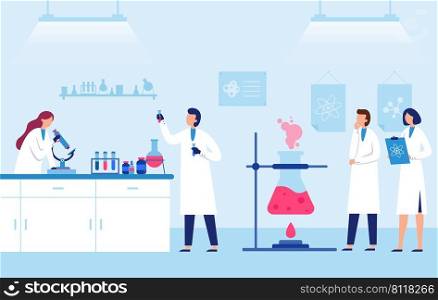 Scientists team work in laboratory with equipments. Vector research in laboratory, science chemistry equipment, team chemical make test illustration. Scientists team work in laboratory with equipments