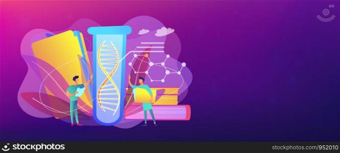 Scientists with folder and clipboard working with huge DNA in test tube. Genetic testing, DNA testing, genetic diagnosis concept on white background. Header or footer banner template with copy space.. Genetic testing concept banner header.
