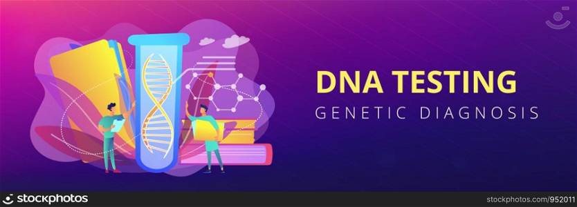 Scientists with folder and clipboard working with huge DNA in test tube. Genetic testing, DNA testing, genetic diagnosis concept on white background. Header or footer banner template with copy space.. Genetic testing concept banner header.