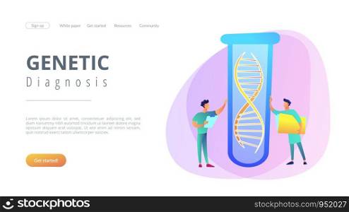 Scientists with folder and clipboard working with huge DNA in test tube. Genetic testing, DNA testing, genetic diagnosis concept on white background. Website vibrant violet landing web page template.. Genetic testing concept landing page.