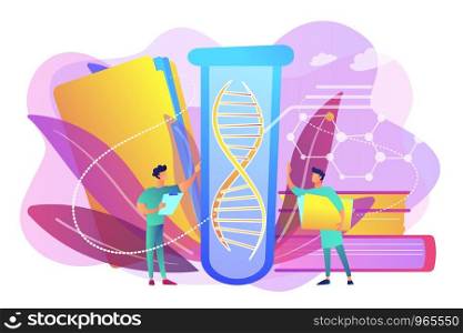 Scientists with folder and clipboard working with huge DNA in test tube. Genetic testing, DNA testing, genetic diagnosis concept on white background. Bright vibrant violet vector isolated illustration. Genetic testing concept vector illustration.