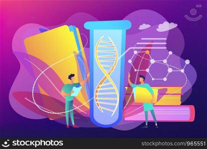 Scientists with folder working witht huge DNA in test tube. Genetic testing, DNA testing, genetic diagnosis concept on ultraviolet background. Bright vibrant violet vector isolated illustration. Genetic testing concept vector illustration.