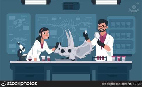 Scientists with fossil in lab. Cartoon archeology and paleontology explorers examining prehistoric bone evidence. Man and woman explore dinosaur skeleton. Vector professors in university laboratory. Scientists with fossil in lab. Archeology and paleontology explorers examining prehistoric bone. Man and woman explore dinosaur skeleton. Vector professors in university laboratory