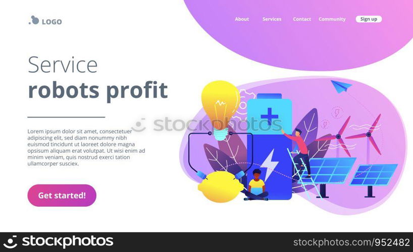 Scientists with lemon charging, solar pannels, wind turbines. Innovative battery technology, new battery creation, battery science project concept. Website vibrant violet landing web page template.. Innovative battery technology concept landing page.