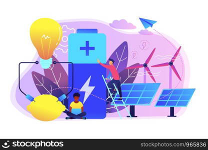 Scientists with lemon charging, solar pannels, wind turbines. Innovative battery technology, new battery creation, battery science project concept. Bright vibrant violet vector isolated illustration. Innovative battery technology concept vector illustration.