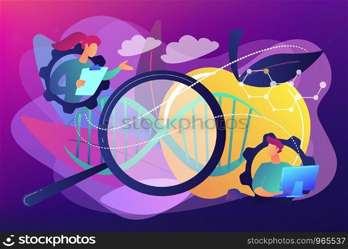 Scientists with magnifier and apple DNA. Genetically modified foods, GM foods and genetically engineered foods concept on ultraviolet background. Bright vibrant violet vector isolated illustration. Genetically modified foods concept vector illustration.