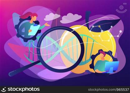 Scientists with magnifier and apple DNA. Genetically modified foods, GM foods and genetically engineered foods concept on ultraviolet background. Bright vibrant violet vector isolated illustration. Genetically modified foods concept vector illustration.