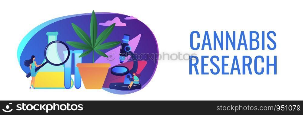 Scientists with magnifier doing cannabis innovations research. Marihuana products innovation, cannabis research, cannabinoid product science concept. Header or footer banner template with copy space.. Marihuana products innovation concept banner header.