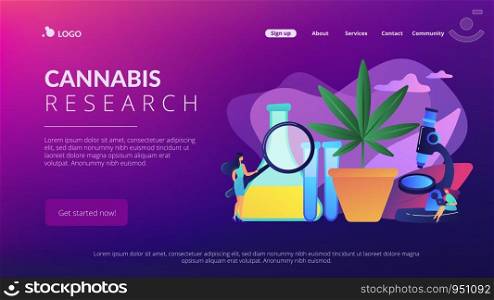 Scientists with magnifier doing cannabis innovations research. Marihuana products innovation, cannabis research, cannabinoid product science concept. Website vibrant violet landing web page template.. Marihuana products innovation concept landing page.