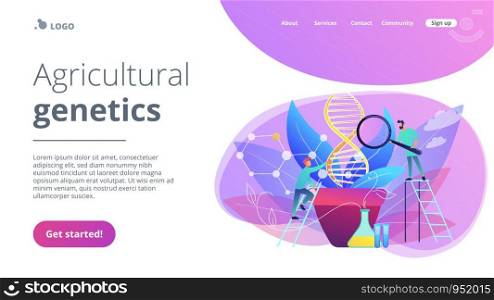 Scientists with magnifier looking at huge DNA in the pot. Genetically modified plants, GM crops and biotech crops concept on white background. Website vibrant violet landing web page template.. Genetically modified plants concept landing page.