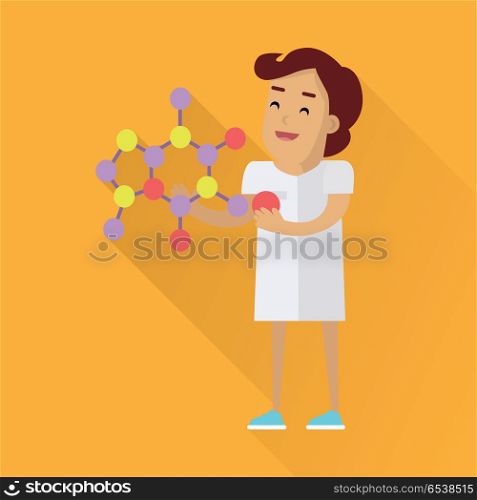 Scientists Woman at Work. Scientists woman in white robe at work. Scientist physicist holding model of a mineral crystal structure. Scientists in lab. Science and technology development, scientific research, lab research.