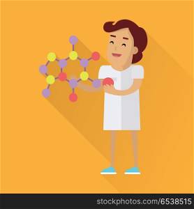 Scientists Woman at Work. Scientists woman in white robe at work. Scientist physicist holding model of a mineral crystal structure. Scientists in lab. Science and technology development, scientific research, lab research.