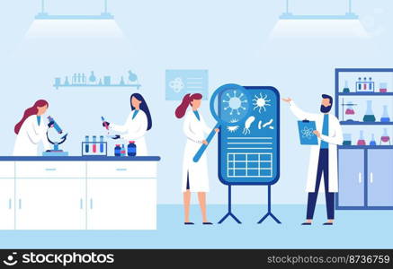 Scientists work in laboratory. Man and female lab workers in white coats researching virus elements with magnifying glass. Chemists looking at microscope, holding test tubes vector. Scientists work in laboratory. Man and female lab workers in white coats researching virus elements with magnifying glass