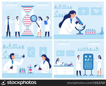 Scientists work in laboratory. Professional genetic research lab, virus and blood researches. Water quality diagnostics vector illustration set. Virus medical research test, hospital professional lab. Scientists work in laboratory. Professional genetic research lab, virus and blood researches. Water quality diagnostics vector illustration set