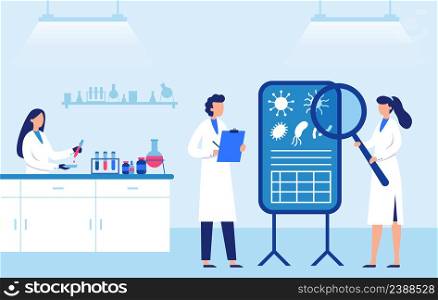 Scientists work in laboratory, research and discovery. Vector biochemistry research analyzing, professional clinic illustration. Scientists work in laboratory, research and discovery