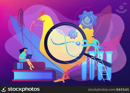 Scientists work with huge DNA of chicken. Genetically modified animals, genetically modified animal experiments concept on ultraviolet background. Bright vibrant violet vector isolated illustration. Genetically modified animals concept vector illustration.