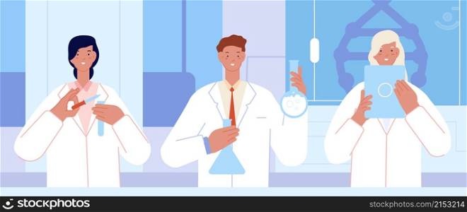 Scientists working. Flat research medical lab, science laboratory. Doctors work, chemistry scientist testing with equipment utter vector concept. Laboratory development and research. Scientists working. Flat research medical lab, science laboratory. Doctors work, chemistry scientist testing with equipment utter vector concept