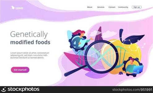 Scientists working with magnifier and apple DNA. Genetically modified foods, GM foods and genetically engineered foods concept on white background. Website vibrant violet landing web page template.. Genetically modified foods concept landing page.