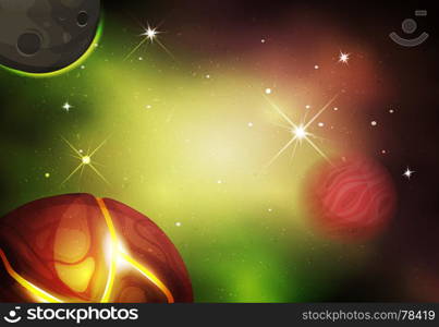 Scifi Space Background For Ui Game. Illustration of a beautiful comic starry space landscape with alien moons, asteroids and jupiter planet for sci-fi ui game