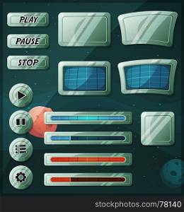 Scifi Space Icons For Ui Game. Illustration of a set of various cartoon design ui game space and scifi elements including banners, signs, buttons, load bar and app icon with stars and planets background