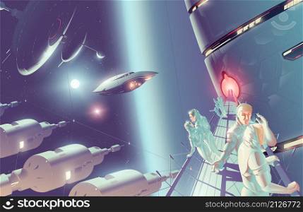 SciFi vector illustration of space tourism on a space colony in double stars system.