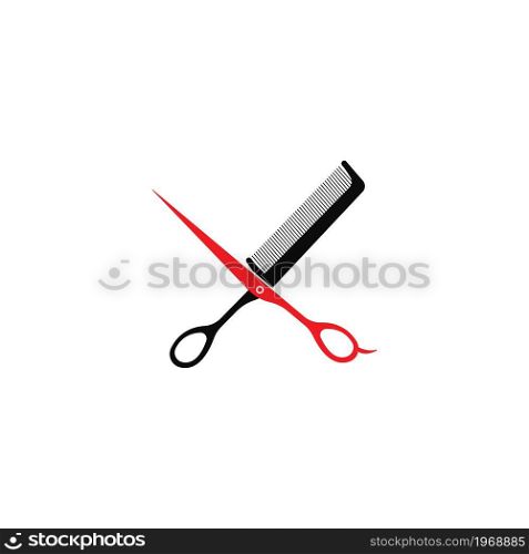 Scissors and hairbrush graphic icon. Sign crossed scissors and hairbrush isolated on white background. Barbershop symbols. Vector illustration