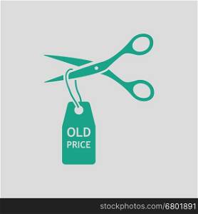 Scissors cut old price tag icon. Gray background with green. Vector illustration.