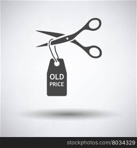Scissors cut old price tag icon on gray background, round shadow. Vector illustration.