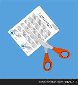 Scissors cutting contract document. Contract termination concept. Vector illustration in flat style. Scissors cutting contract document.