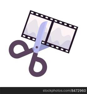 Scissors cutting photo film semi flat color vector object. Separating negative frame. Full sized item on white. Picture simple cartoon style illustration for web graphic design and animation. Scissors cutting photo film semi flat color vector object
