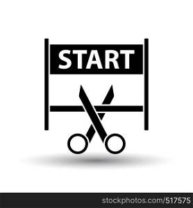 Scissors Cutting Tape Between Start Gate Icon. Black on White Background With Shadow. Vector Illustration.