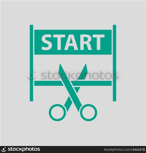 Scissors Cutting Tape Between Start Gate Icon. Green on Gray Background. Vector Illustration.