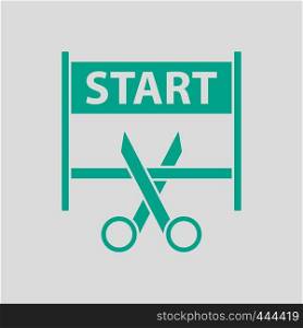 Scissors Cutting Tape Between Start Gate Icon. Green on Gray Background. Vector Illustration.