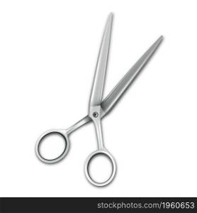 Scissors Hairdresser Tool For Make Haircut Vector. Metallic Scissors Equipment For Cut Hair In Beauty Salon Or Barbershop. Metal Material Barber Accessory Template Realistic 3d Illustration. Scissors Hairdresser Tool For Make Haircut Vector