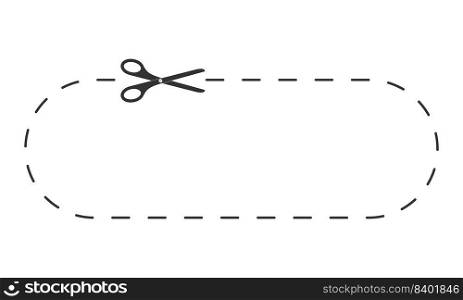 Scissors icon cutting rectangle shape with dotted line. Cut here template for paper discount coupon, voucher, promo code isolated on white background. Outline vector illustration. Scissors icon cutting rectangle shape with dotted line. Cut here template for paper discount coupon, voucher, promo code 