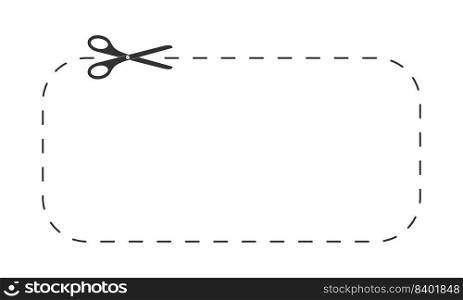 Scissors icon cutting rectangle shape with dotted line. Cut here pictogram for paper discount coupon, voucher, promo code. Graphic vector illustration isolated on white background. Scissors icon cutting rectangle shape with dotted line. Cut here pictogram for paper discount coupon, voucher, promo code. Graphic vector illustration