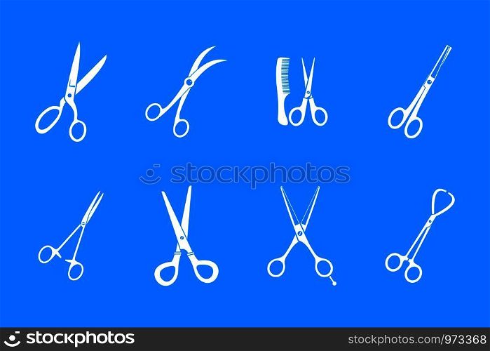 Scissors icon set. Simple set of scissors vector icons for web design isolated on blue background. Scissors icon blue set vector