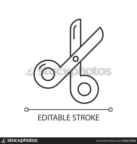 Scissors linear icon. Paper cutting tool. Office shearing equipment. Stationery for school. Thin line customizable illustration. Contour symbol. Vector isolated outline drawing. Editable stroke. Scissors linear icon