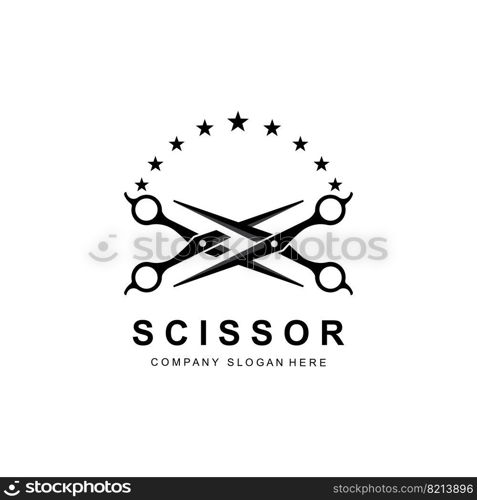 Scissors Logo Design, Vector Illustration Cutting Tool Icon Sticker Banner And Barber Company Brand