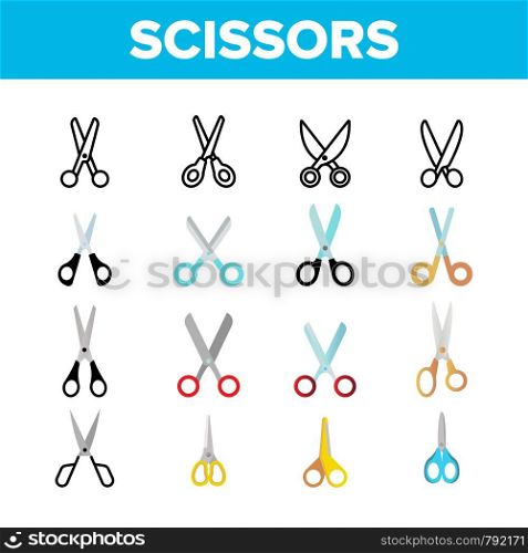 Scissors, School Stationery Vector Color Icons Set. Scissors With Plastic Handles Linear Symbols Pack. Office Supplies. Hairdresser Equipment, Gardening Tool Isolated Flat Illustrations. Scissors, School Stationery Vector Color Icons Set