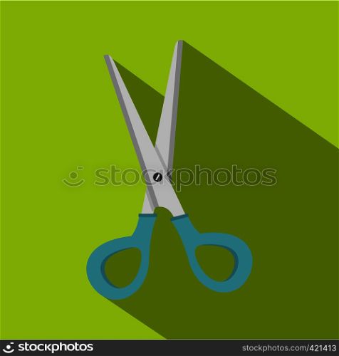 Scissors with blue plastic handles icon. Flat illustration of scissors with blue plastic handles vector icon for web isolated on lime background. Scissors with blue plastic handles icon flat style