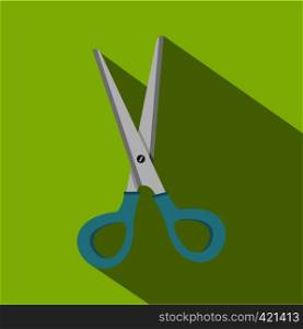Scissors with blue plastic handles icon. Flat illustration of scissors with blue plastic handles vector icon for web isolated on lime background. Scissors with blue plastic handles icon flat style