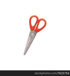Scissors with red handle isolated school stationery. Vector cutting tool, realistic paper scissor. Red scissors isolated cutting stationery tool