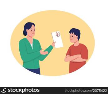 Scolding for bad academic performance 2D vector isolated illustration. Mother nagging son with poor results flat characters on cartoon background. Parent child conflict colourful scene. Scolding for bad academic performance 2D vector isolated illustration