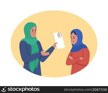Scolding for bad grades 2D vector isolated illustration. Mother demonstrating negative reaction to daughter flat characters on cartoon background. Parent child conflict colourful scene. Scolding for bad grades 2D vector isolated illustration